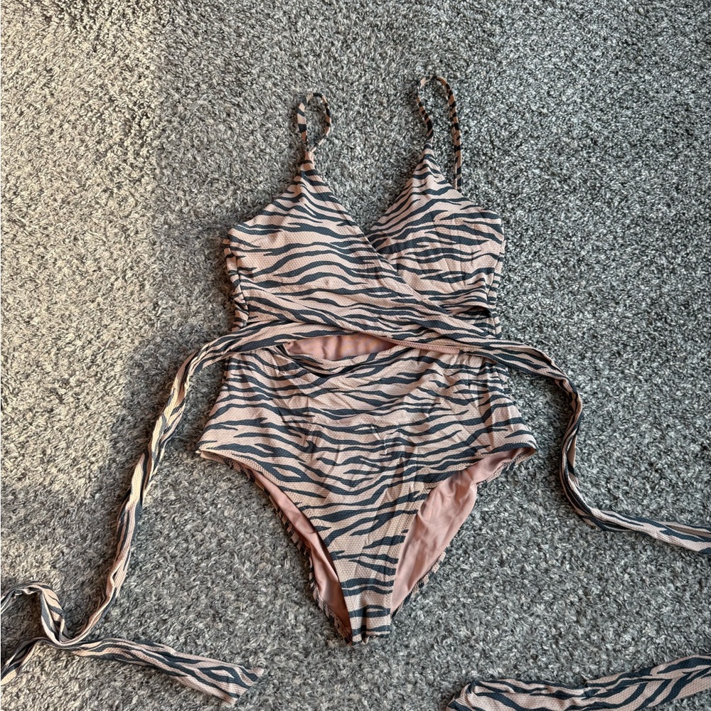Aerie Pink and Black Zebra Print One Piece wraparound swimsuit